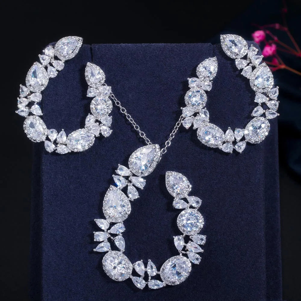 ThreeGraces Sweet Colorful Cubic Zirconia Big Symmetrical Earrings Pendant Necklace Fashion Jewelry Set for Women Party JS619