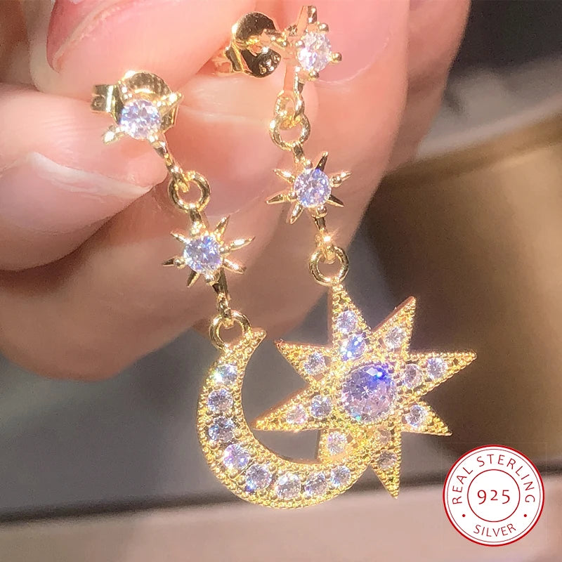 925 Silver Design Simple Advanced White Zircon Earring Temperament French Fairy Star-Moon Earrings Party Dating Jewelry Gift