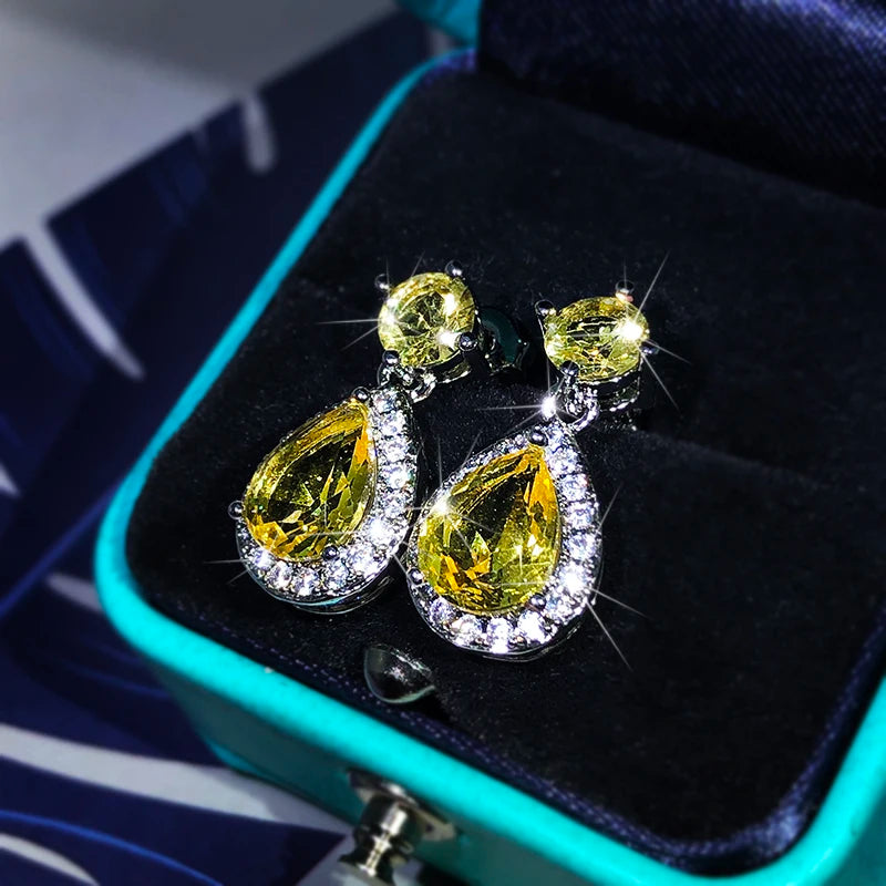 Elegant Temperament Yellow Zircon Drop Earrings 925 Sterling Silver Four-Claw Diamond Earrings Ladies Party Birthday Jewelry