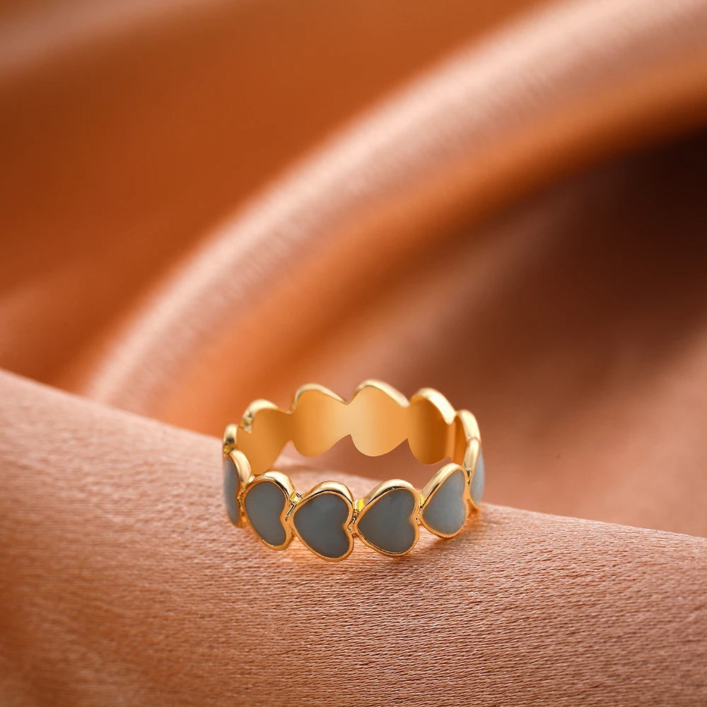 Aesthetic Colorful Enamel Heart Star Flower Shaped Ring Set for Women Cute Fashion Stacking Finger Rings Jewelry Gift