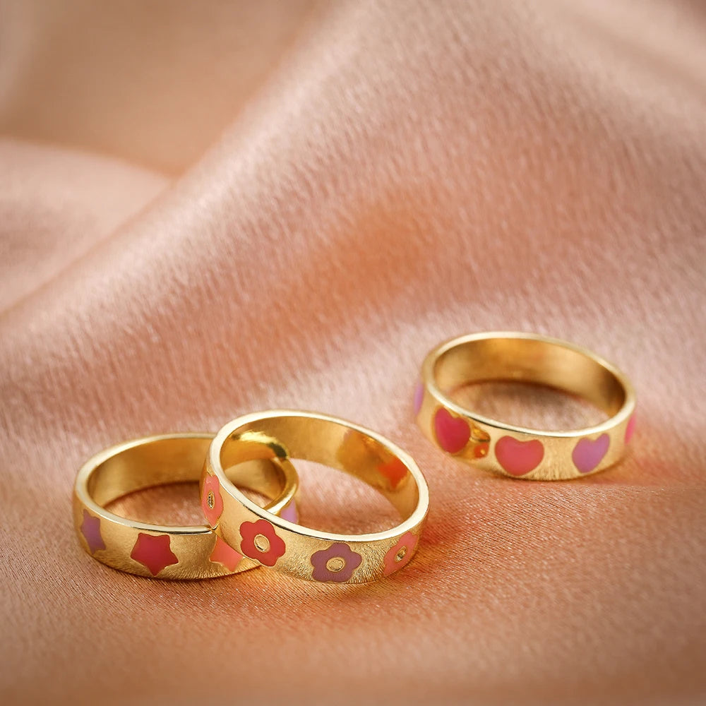Aesthetic Colorful Enamel Heart Star Flower Shaped Ring Set for Women Cute Fashion Stacking Finger Rings Jewelry Gift