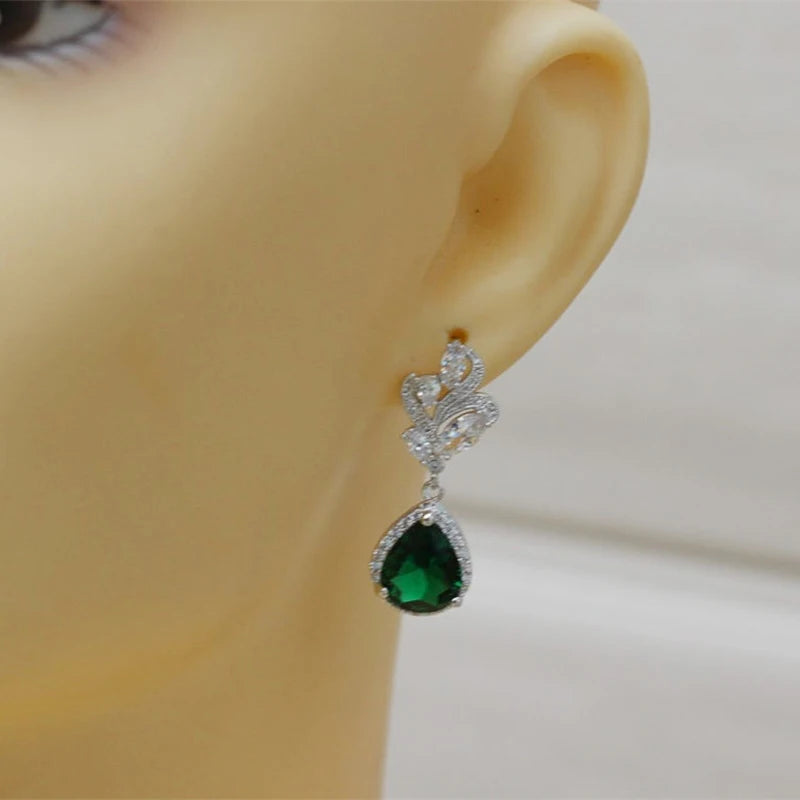 Huitan Gorgeous Women's Drop Earrings with Green Teardrop Cubic Zirconia Elegant Female Earring Anniversary Gift Fashion Jewelry