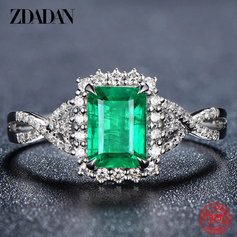 ZDADAN 925 Sterling Silver Charm Emerald Ring For Women Fashion Party Jewelry Engagement Gift