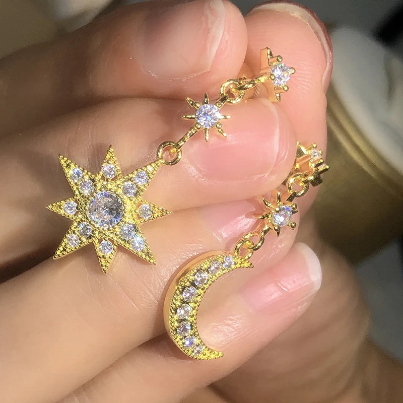 925 Silver Design Simple Advanced White Zircon Earring Temperament French Fairy Star-Moon Earrings Party Dating Jewelry Gift