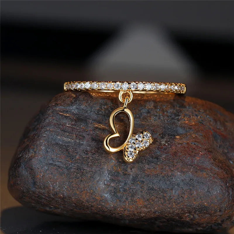 Luxury Female Crystal Butterfly Pendant Rings Gold Silver Color Engagement Ring Charm White Zircon Wedding Jewelry For Women