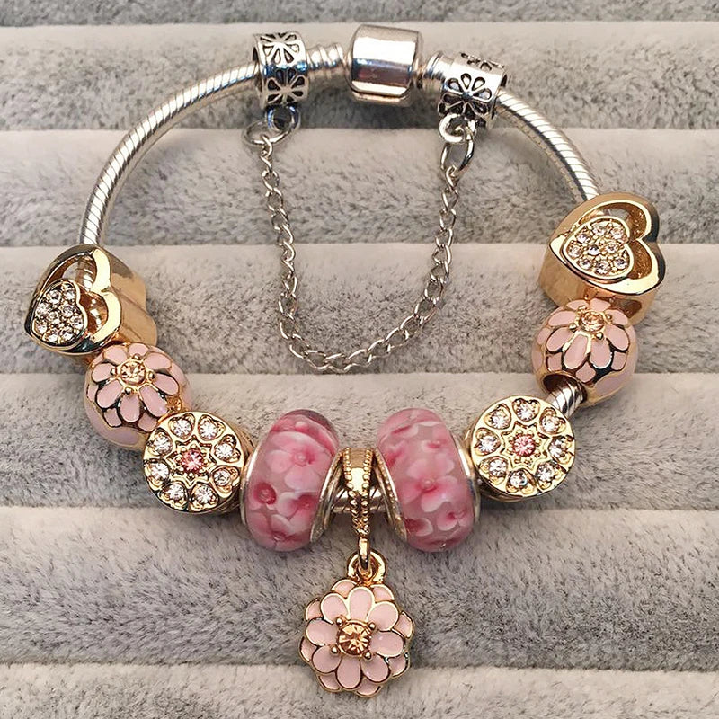 Luxury Crystal Flower Charm Bracelets & Bangles Gold Beads Bracelets For Women Jewellery Pulseira Feminina 2021 New Year Gift