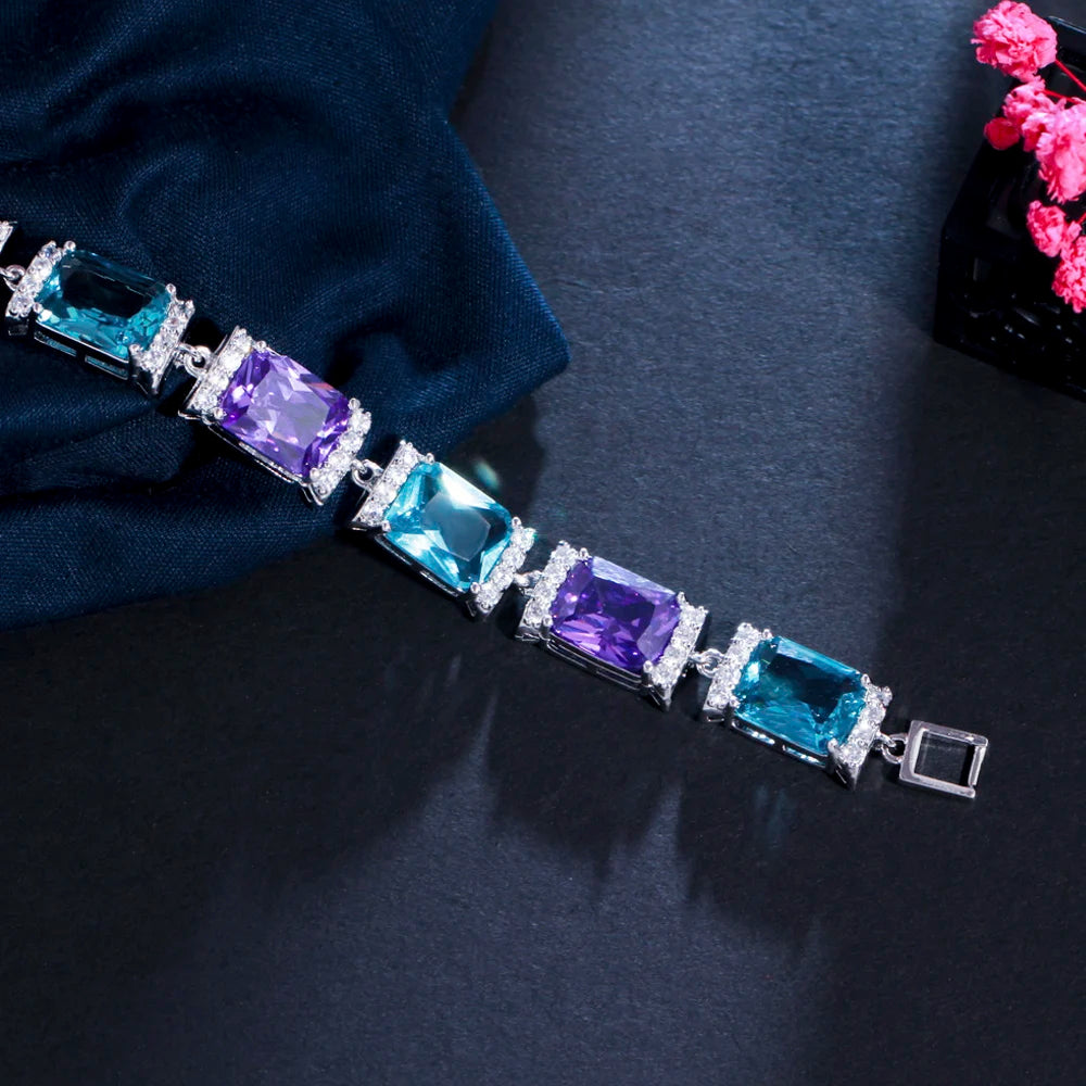ThreeGraces Elegant Shiny Blue Purple Cubic Zirconia Geometric Rectangle Link Chain Tennis Bracelets for Women Jewelry BR191
