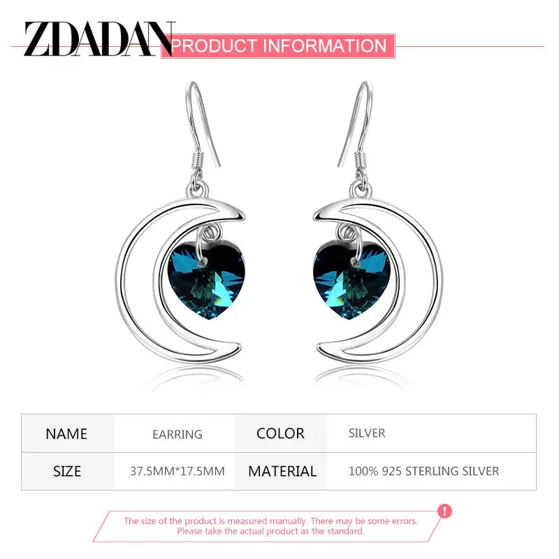 ZDADAN 925 Sterling Silver Moon Heart Blue Crystal Drop Earrings For Women Wedding Jewelry