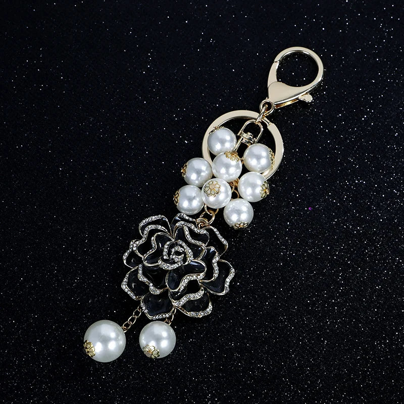 Flower Pearl  Keychain Leather bag pendant key chain Car pendant Flower Rose Gift Souvenirs keychain