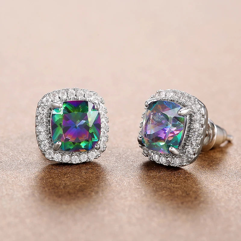 Huitan Luxury Cubic Zirconia Stud Earrings Female Silver Color Fashion Jewelry for Women 2021 Trend Versatile Accessories