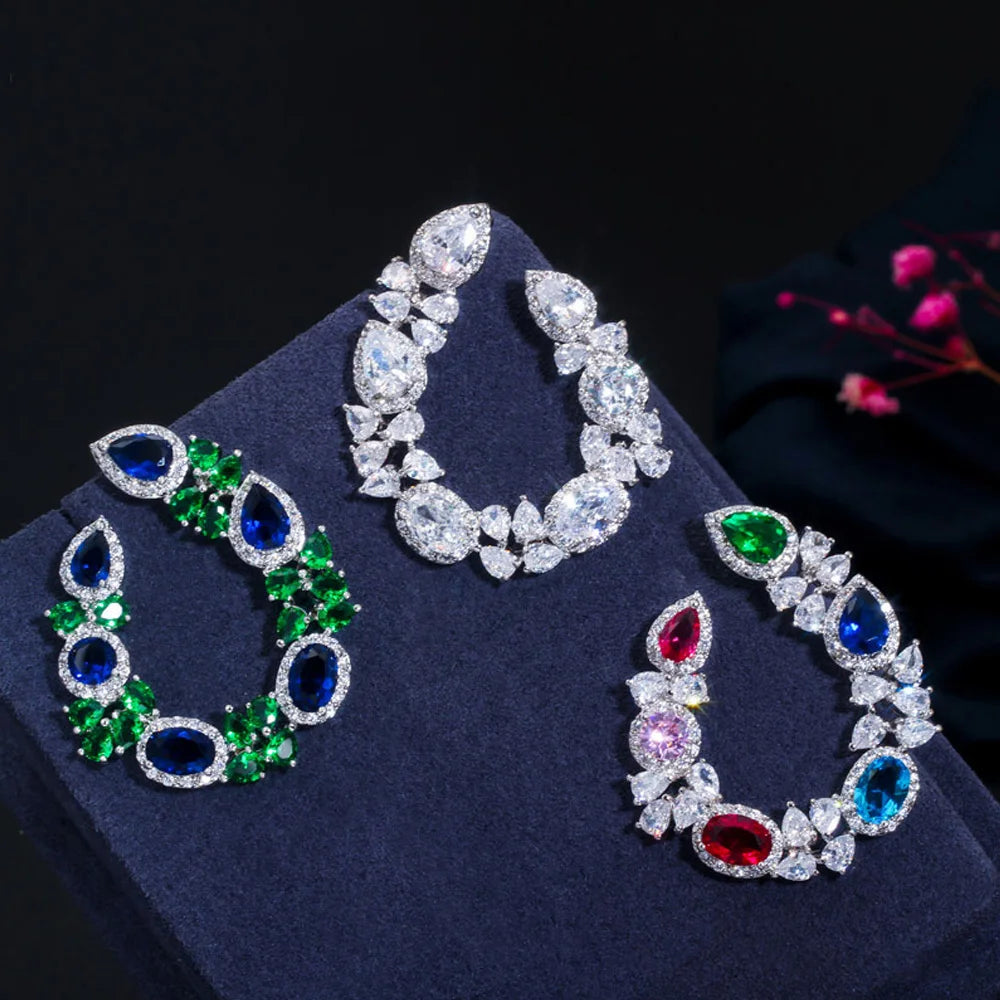ThreeGraces Sweet Colorful Cubic Zirconia Big Symmetrical Earrings Pendant Necklace Fashion Jewelry Set for Women Party JS619