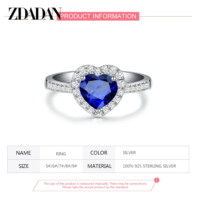 ZDADAN 925 Sterling Silver Heart Blue Gemstone Rings For Women Wedding Jewelry Fashion Gift