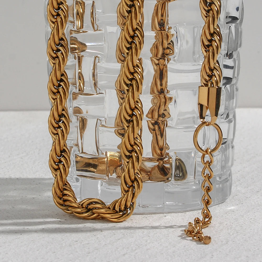 E.B.belle Tarnish Free Stainless Steel 18K Gold Plated Women's 8mm Chunky Twisted Rope Chain Necklace Trendy Gold Bracelet