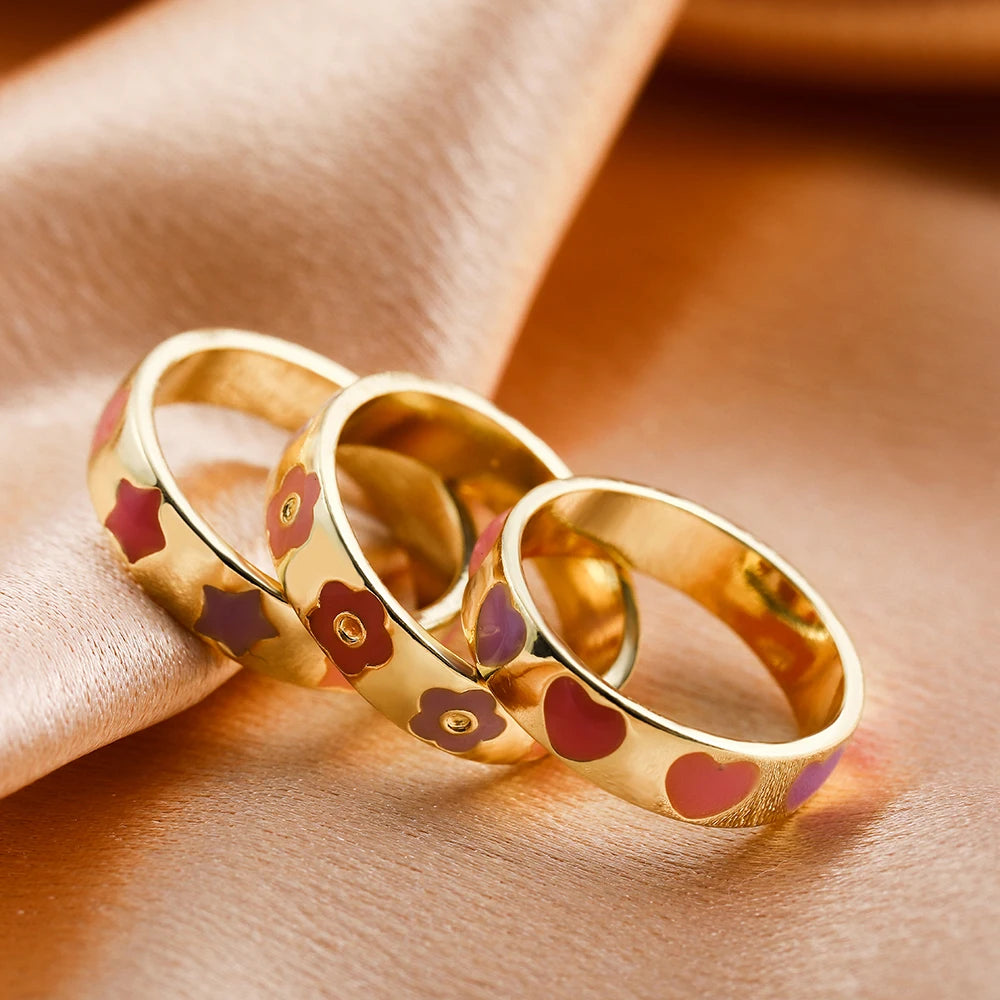 Aesthetic Colorful Enamel Heart Star Flower Shaped Ring Set for Women Cute Fashion Stacking Finger Rings Jewelry Gift