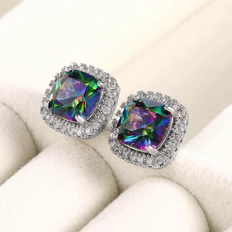 Huitan Luxury Cubic Zirconia Stud Earrings Female Silver Color Fashion Jewelry for Women 2021 Trend Versatile Accessories