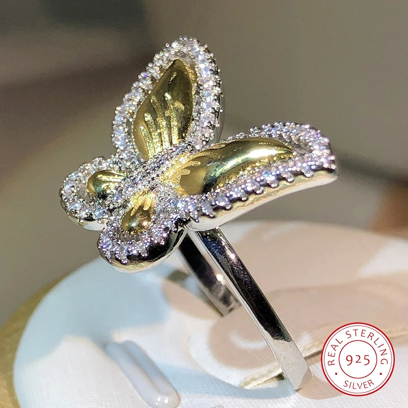 925 Sterling Silver Atmospheric Two-Color Butterfly White Zircon Ring Gold Bow For Ladies Party Outing Jewelry Gift