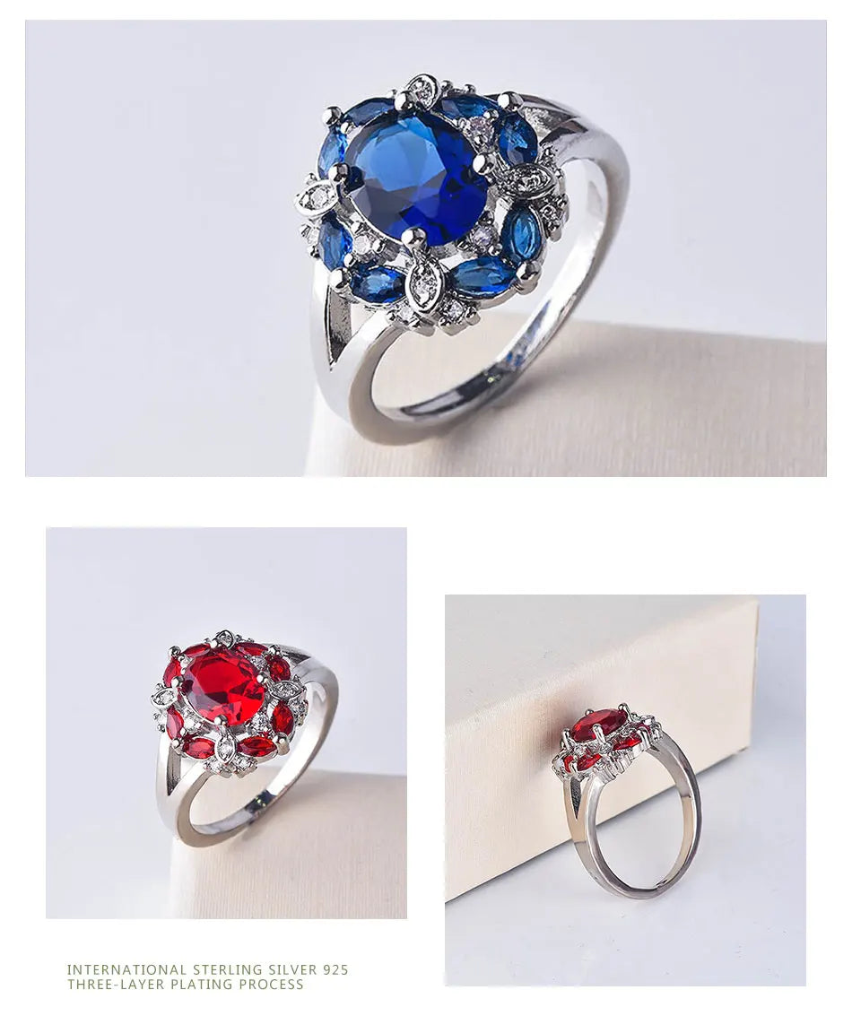 ZDADAN 925 Sterling Silver Flower Red Zircon Rings For Women Fashion Wedding Jewelry