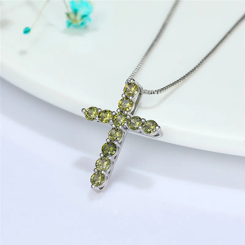 Luxury Female Crystal Blue Purple Pendant Necklace Charm Silver Color Chain Zircon Stone Wedding Jewelry For Women