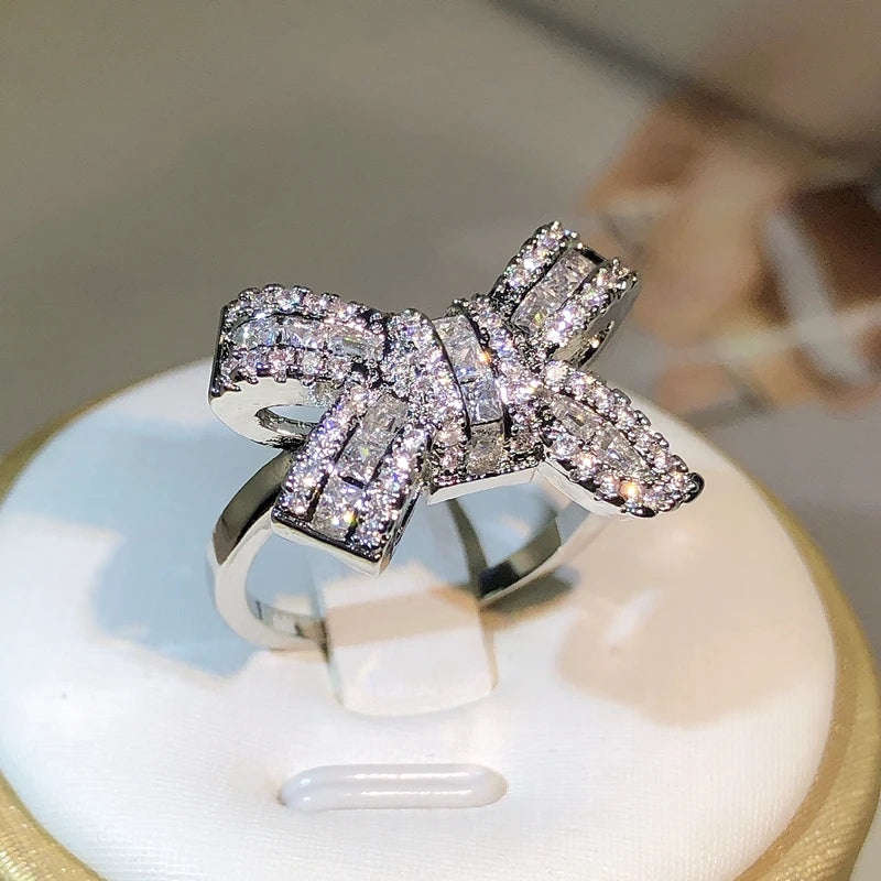 925 Silver Color Bowknot Bow Knot Bling Zircon Stone Rings for Women Fashion Wedding Engagement Jewelry