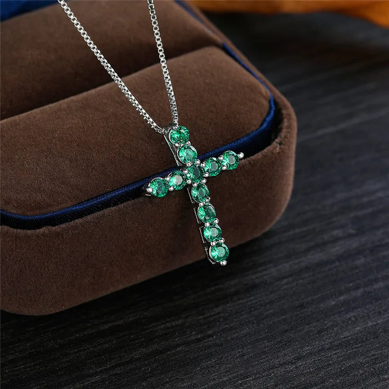 Luxury Female Crystal Blue Purple Pendant Necklace Charm Silver Color Chain Zircon Stone Wedding Jewelry For Women