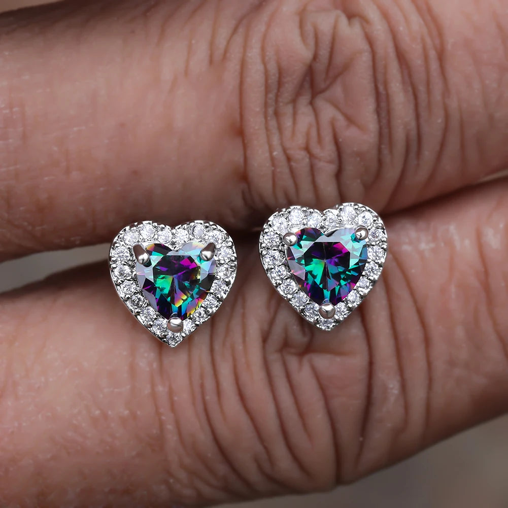 Dainty Female Rainbow Crystal Stone Jewelry Charm Silver Color Small Stud Earring Cute Heart Zircon Wedding Earrings For Women