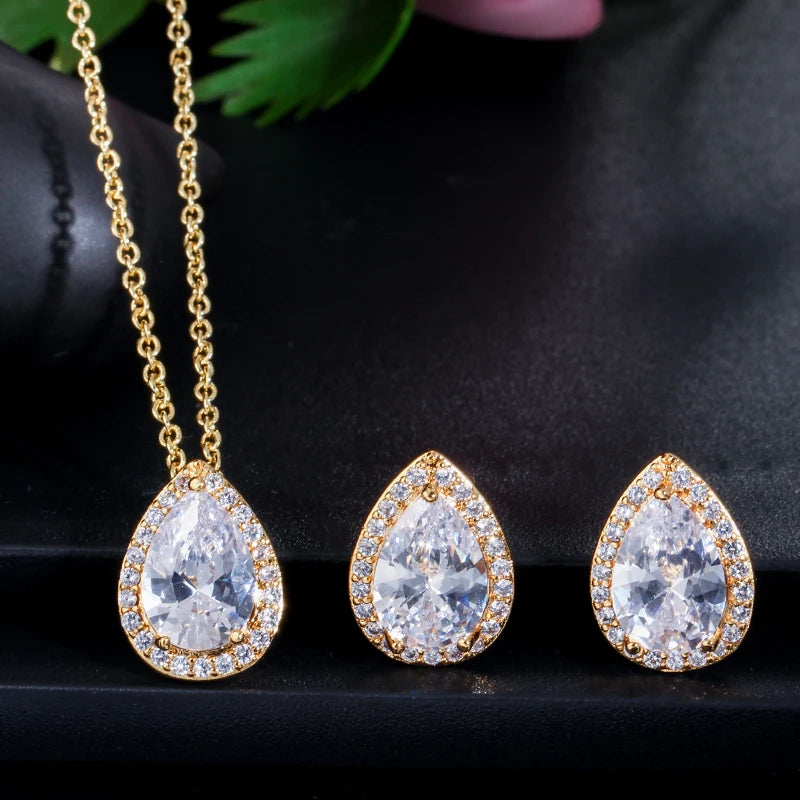 ThreeGraces Sweet Sparkling Water Drop Cubic Zirconia Fashion Necklace and Stud Earrings Party Jewelry Set for Women JS210