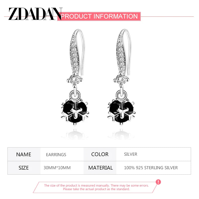 ZDADAN 925 Sterling Silver Black Round Zircon Drop Earrings For Women Fashion Wedding Jewelry Gift