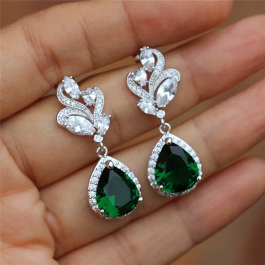 Huitan Gorgeous Women's Drop Earrings with Green Teardrop Cubic Zirconia Elegant Female Earring Anniversary Gift Fashion Jewelry