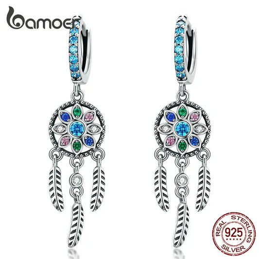 BAMOER 925 Sterling Silver Bohemia Dreamcatcher Hanging Drop Earrings for Women Boho Style Earrings Fashion Jewelry 2 Colors