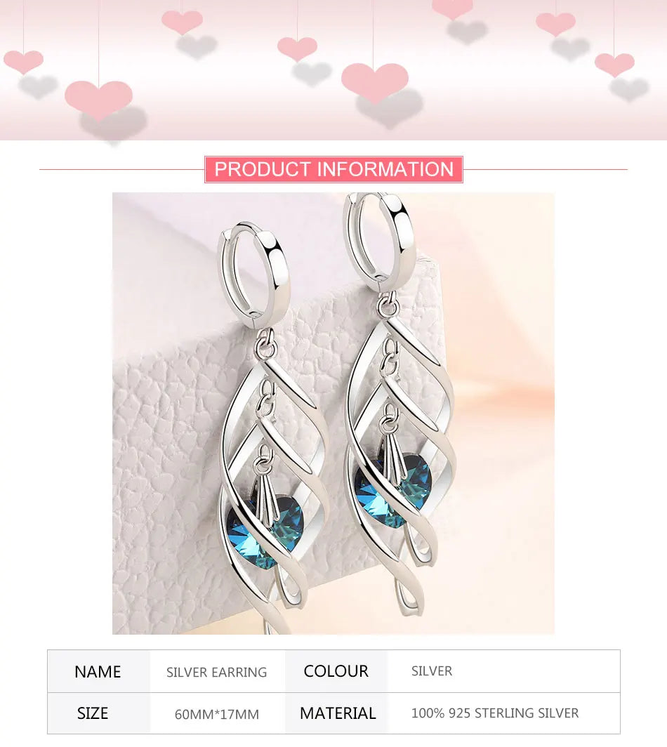 ZDADAN 925 Silver Hollow Blue Crystal Long Drop Earrings For Women Fashion Wedding Jewelry Gift