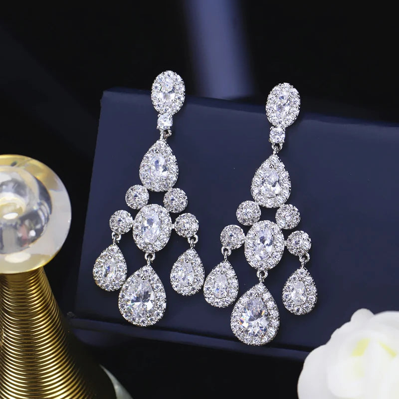 ThreeGraces Luxury Bridal CZ Jewelry Brilliant Cubic Zirconia Crystal Long Dangling Wedding Chandelier Earrings for Brides ER168
