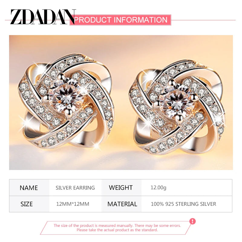 ZDADAN 925 Sterling Silver 12MM Crystal Earring For Women Fashion Jewelry Accessories