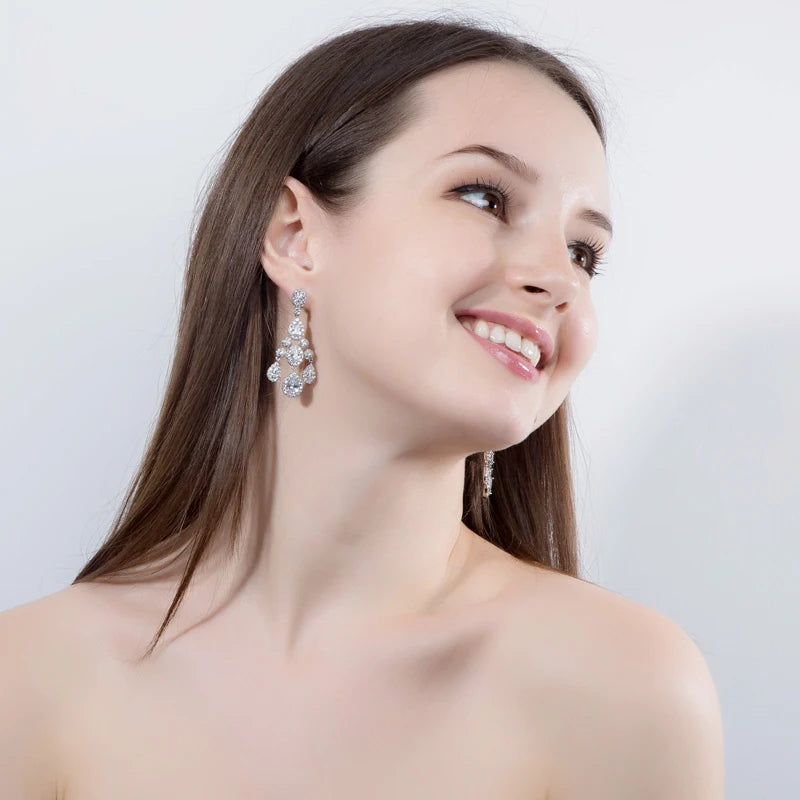 ThreeGraces Luxury Bridal CZ Jewelry Brilliant Cubic Zirconia Crystal Long Dangling Wedding Chandelier Earrings for Brides ER168
