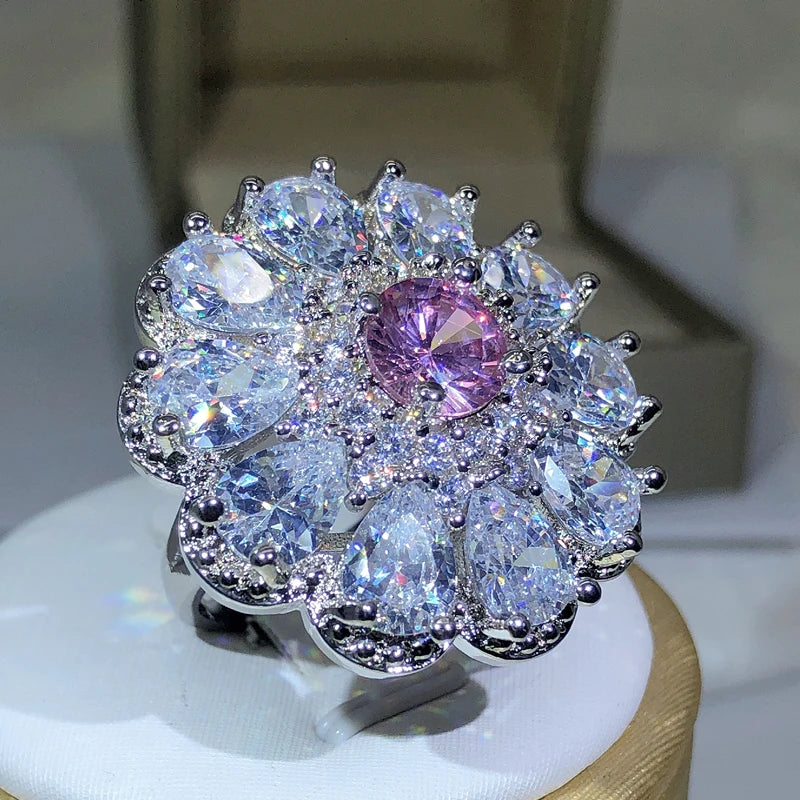 925 Silver Trendy Luxury Jewelry Ladies Shiny White Zirconia Crystal Flower Female Ring for Women Party Wedding