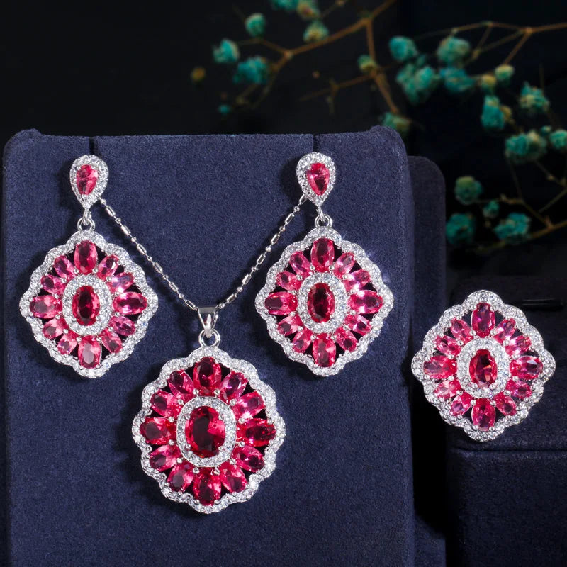 ThreeGraces Romantic Purple Cubic Zirconia Crystal Chic Earrings Pendant Necklace Ring for Women Party Banquet Jewerly JS512
