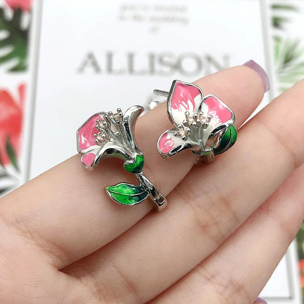 HUAMI 2PCS Hot Sale Zircon Christmas Cloisonne Epoxy Flower Earrings For Women Fashion Enamel and Diamond Engagement Earring