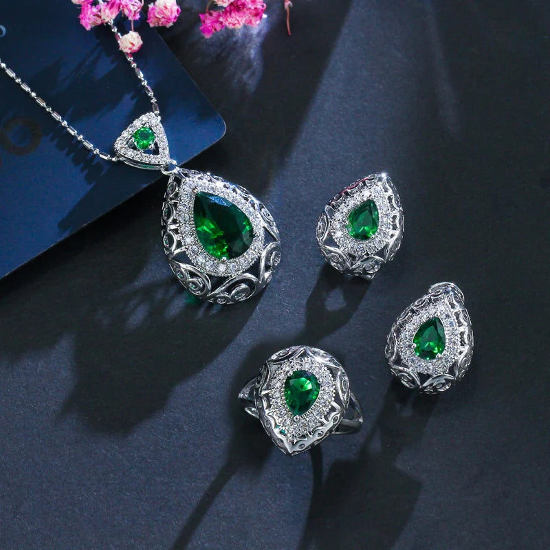 ThreeGraces 3pcs Elegant Green Cubic Zirconia Fashion Pendant Necklace  Earrings Ring Jewelry Set for Women Party Wear JS137