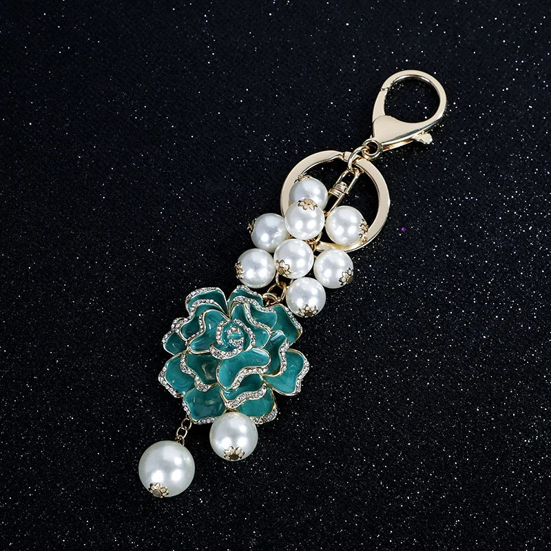Flower Pearl  Keychain Leather bag pendant key chain Car pendant Flower Rose Gift Souvenirs keychain