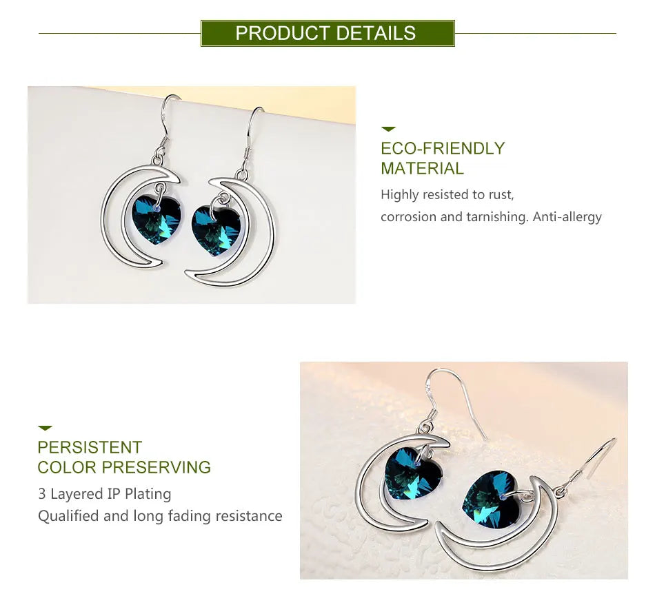 ZDADAN 925 Sterling Silver Moon Heart Blue Crystal Drop Earrings For Women Wedding Jewelry