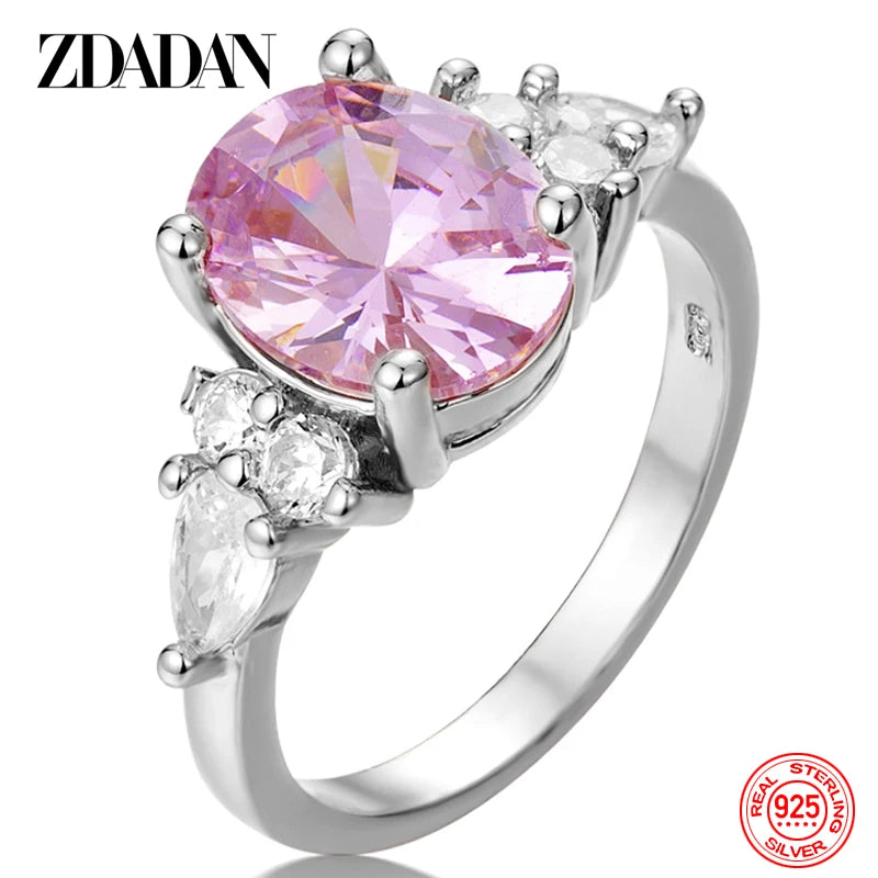 ZDADAN 925 Sterling Silver Pink Crystal Ring For Women Fashion Party Jewelry Wholesale