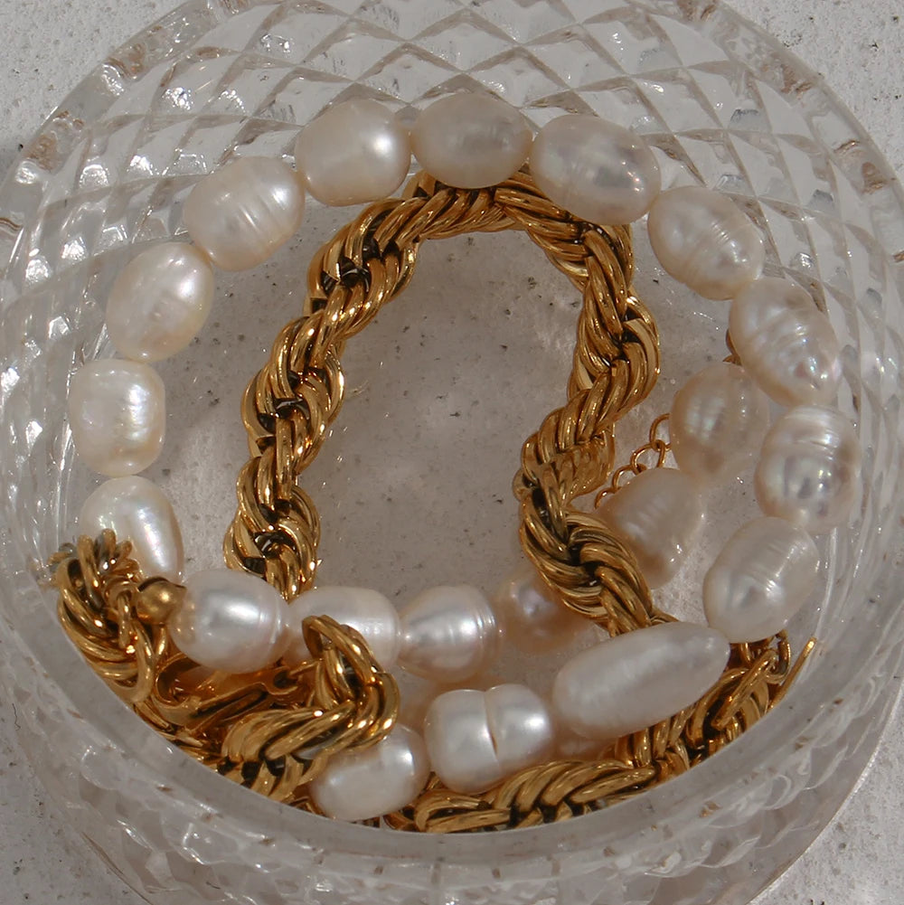 E.B.belle Bold Twisted Rope Chain Splicing with Freshwater Pearl Chunky Chain Necklace Jewelry On The Neck For Women