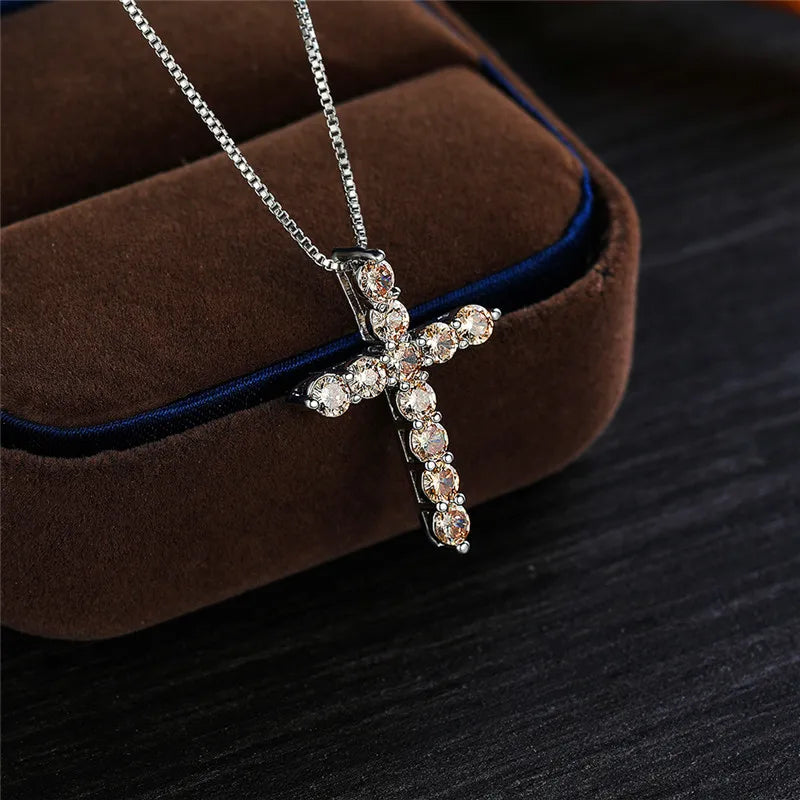 Luxury Female Crystal Blue Purple Pendant Necklace Charm Silver Color Chain Zircon Stone Wedding Jewelry For Women