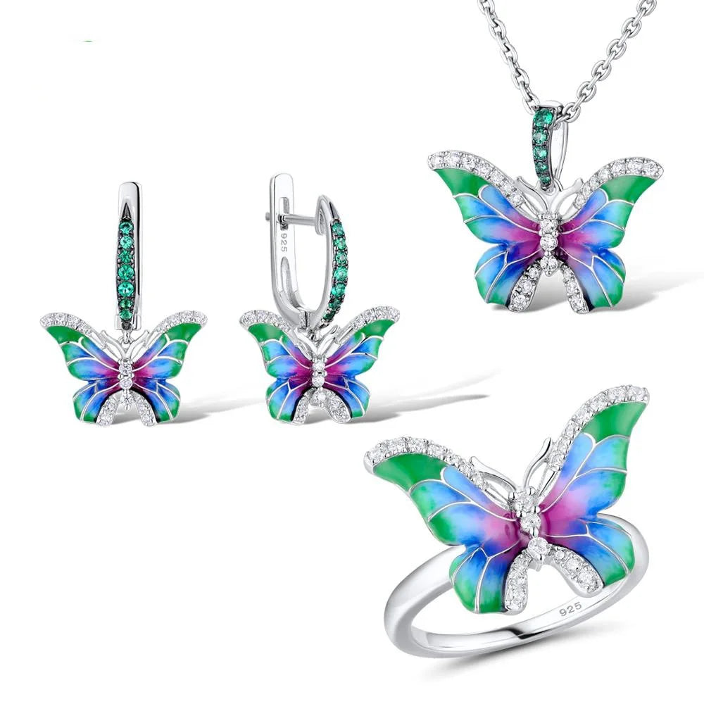 Hot Sale Necklace Colorful Epoxy Butterfly Ring Enamel Paint Earrings For Women European and American Banquet Pendant Set