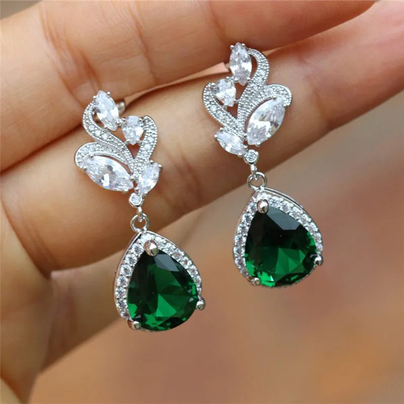 Huitan Gorgeous Women's Drop Earrings with Green Teardrop Cubic Zirconia Elegant Female Earring Anniversary Gift Fashion Jewelry
