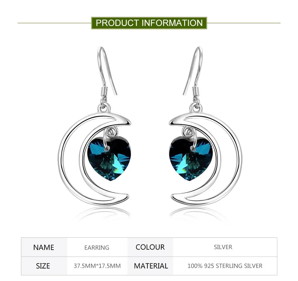 ZDADAN 925 Sterling Silver Moon Heart Blue Crystal Drop Earrings For Women Wedding Jewelry