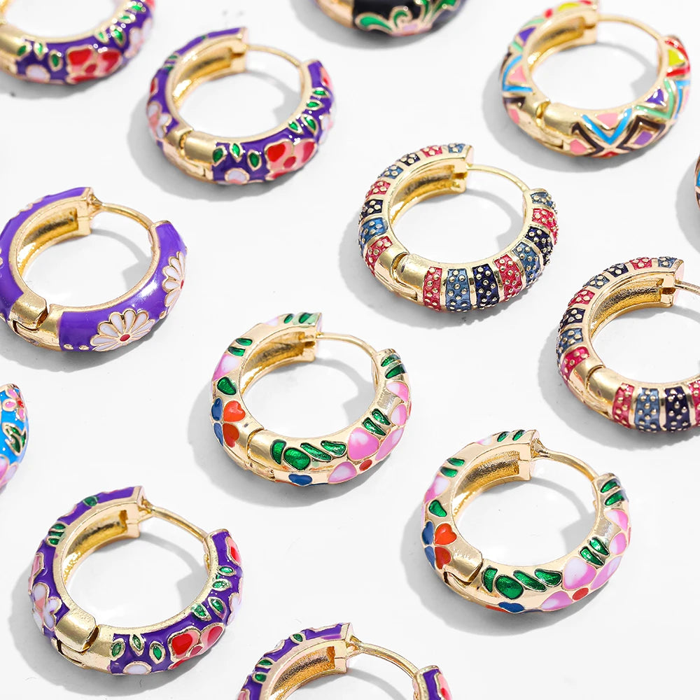 New Trendy Flower Enamel Hoop Earrings for Women Boho Statement Round Circle Huggie Earring Fashion Jewelry 2021 Brincos