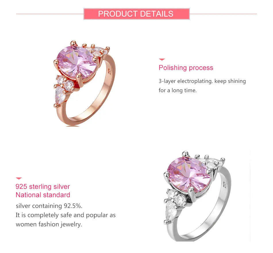 ZDADAN 925 Sterling Silver Pink Crystal Ring For Women Fashion Party Jewelry Wholesale