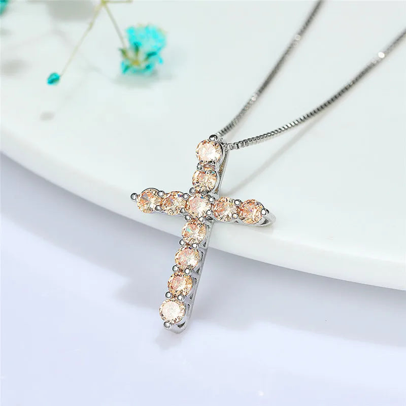 Luxury Female Crystal Blue Purple Pendant Necklace Charm Silver Color Chain Zircon Stone Wedding Jewelry For Women