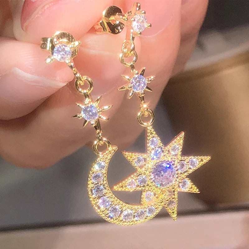 925 Silver Design Simple Advanced White Zircon Earring Temperament French Fairy Star-Moon Earrings Party Dating Jewelry Gift