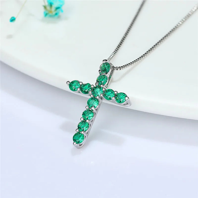 Luxury Female Crystal Blue Purple Pendant Necklace Charm Silver Color Chain Zircon Stone Wedding Jewelry For Women